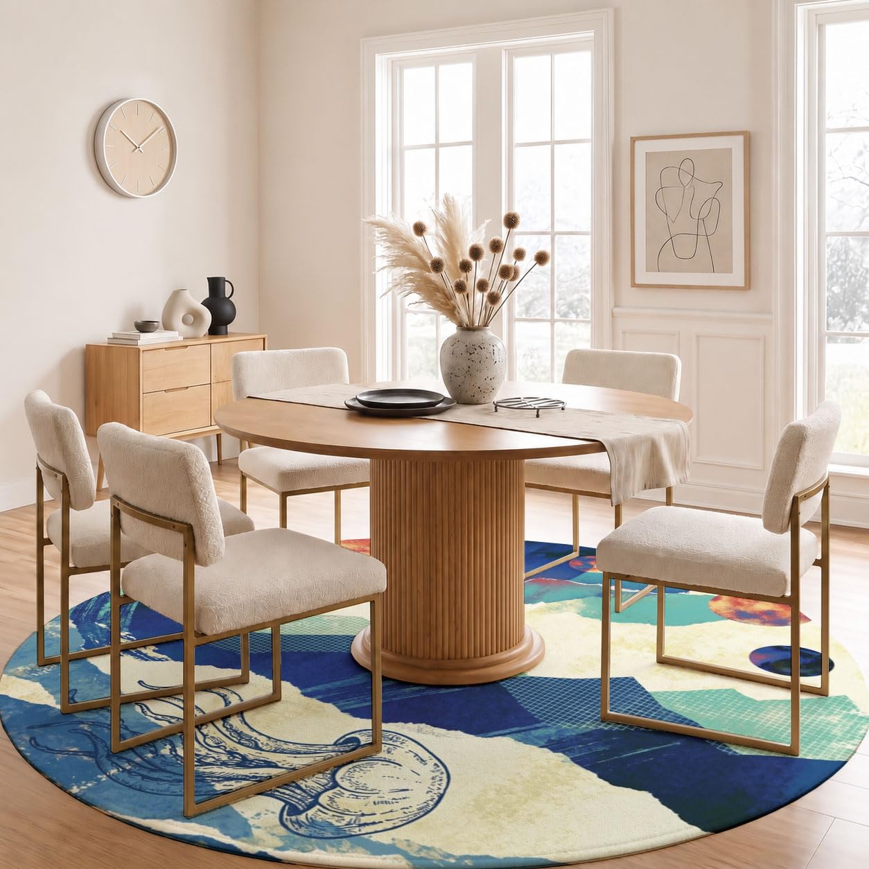 Tapis Rond Pleine Lune Sommets Montagneux Méduses Salon Chambre 100cm | Poils Courts, Art De Collage Rétro, Super Doux, Lavable Et Antidérapant Tapis Rond Pour Chambre D’enfant, Salle à Manger, Bleu