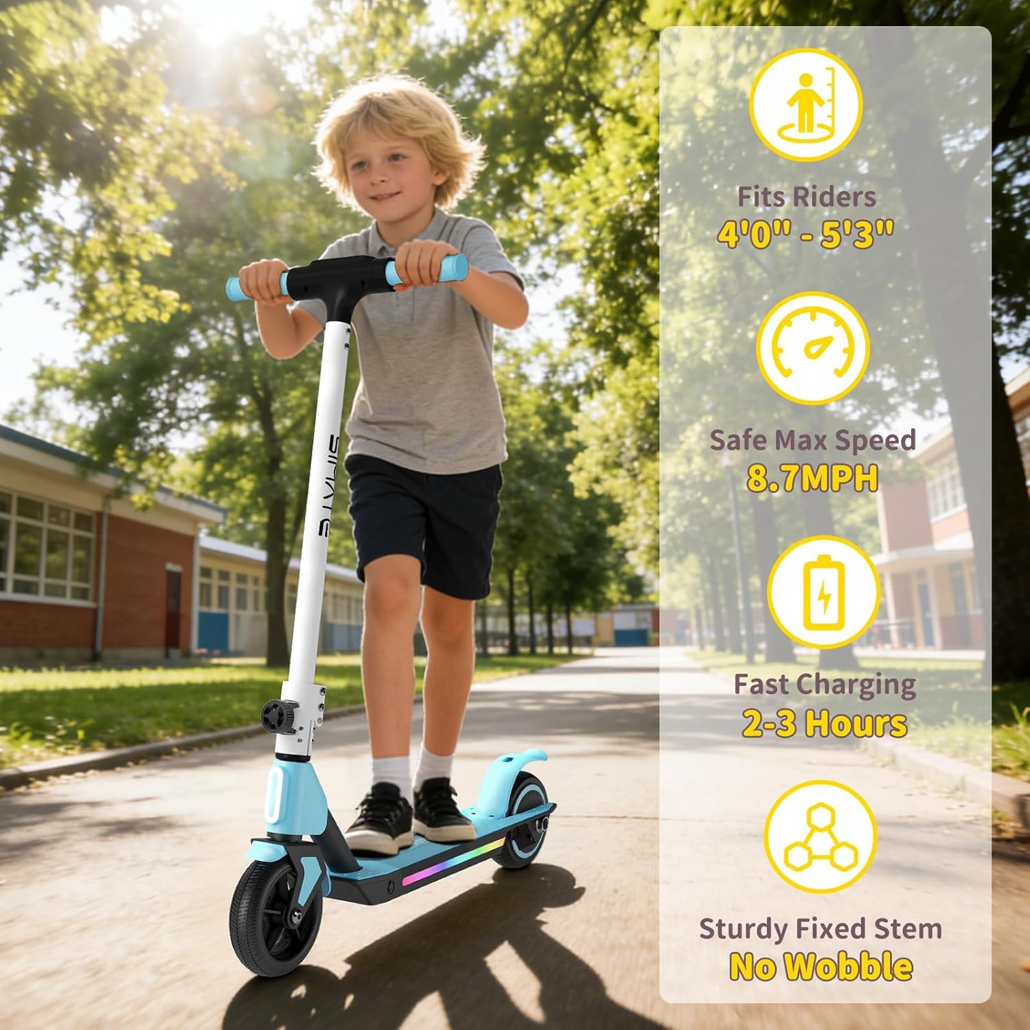 SIMATE Electric Scooter for Kids 6-14, e Kick Scooter with LED Display and Colorful Lights, Adjustable Height and Foldable, Double Brake, Gifts for Kids Girls Boys