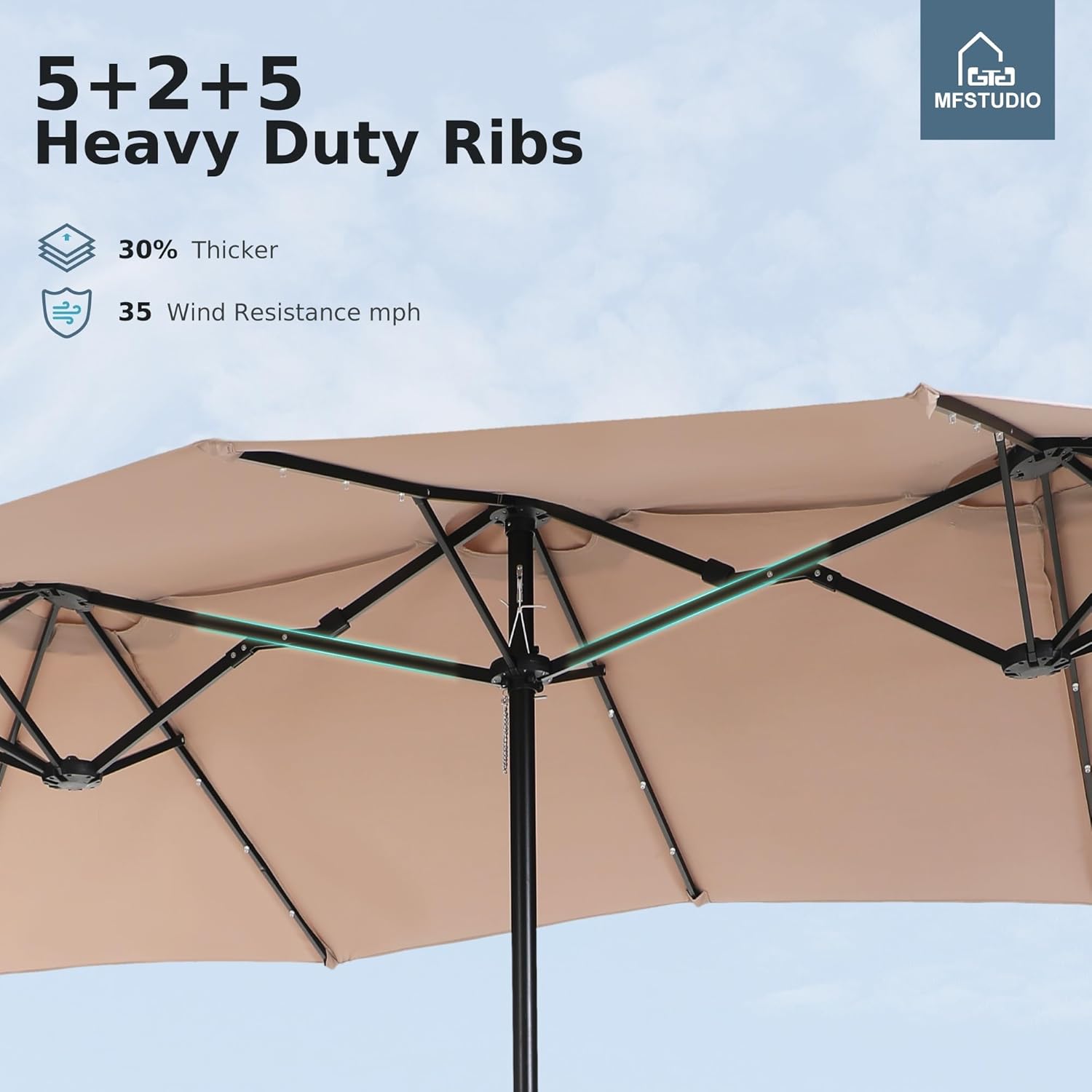 Size 15ft Color  beige Double Sided Patio Umbrella with Solar Lights, Outdoor Large Umbrellas with Crank Handle and 36 LED Lights, Rectangular Market Umbrella with Base Included for Deck Pool Shade, Beige