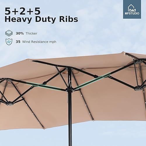 Miniatura 5 de MFSTUDIO Sombrilla de patio de doble cara de 15 pies con luces solares, sombrilla rectangular grande para exteriores con base incluida, manivela y