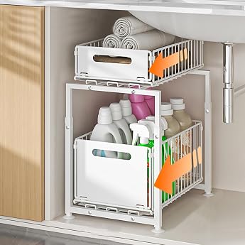 Extendable Sink Organiser 2 Tiers Metal Multi-Purpose Base Cabinet Organiser for Kitchen and Bathroom Sink Organiser as Spice Rack & Laundry Detergent Shelf