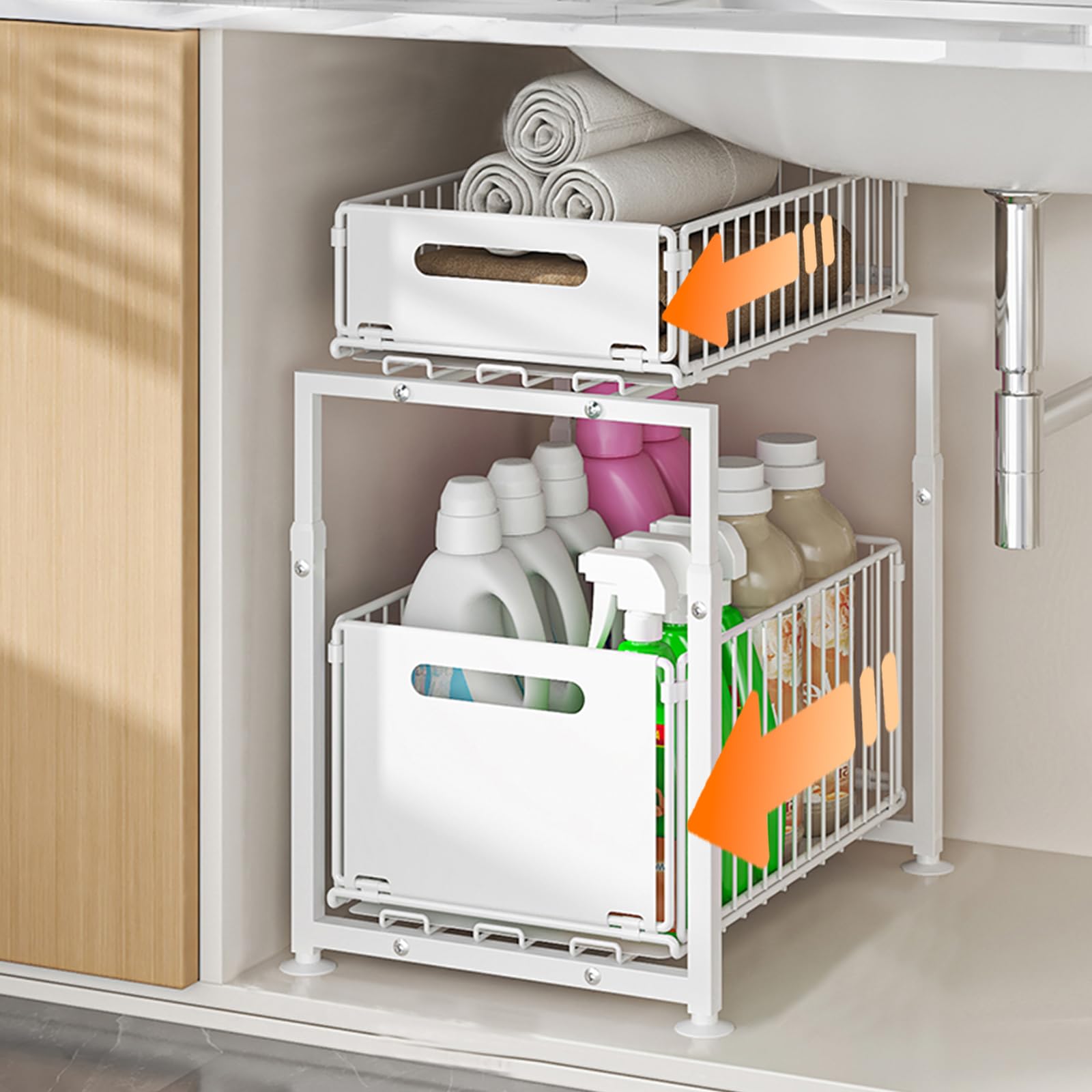 Photo 1 of HABITELLO Under Sink Organizer, 2-Tier Multi-Use Kitchen and Bathroom Organizers and Storage, Slide Out Thickened Metal Under The Sink Organizer for Kitchen Bathroom Pantry (Style A White, 1 Pack)
