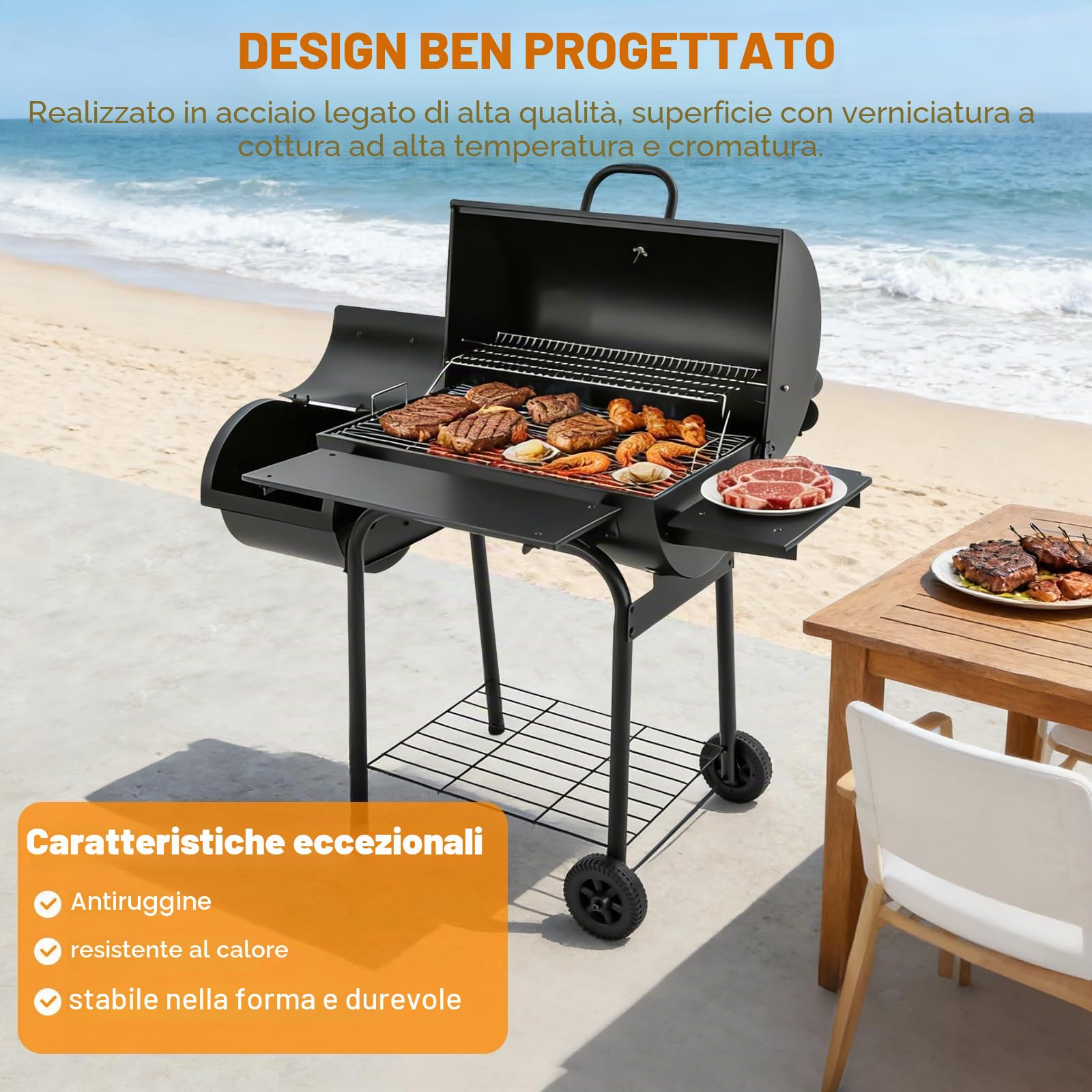 Barbecue a carbonella con coperchio per esterni, grande superficie, ideale per campeggio e giardino, da terra con coperchio per 10 persone