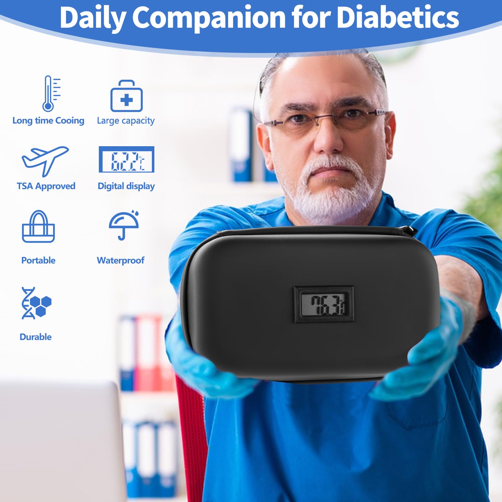 Borsa termica da viaggio per insulina, approvata TSA, portatile, per farmaci diabetici, Con display Fahrenheit, organizer per farmaci refrigerati con 2 confezioni di ghiaccio