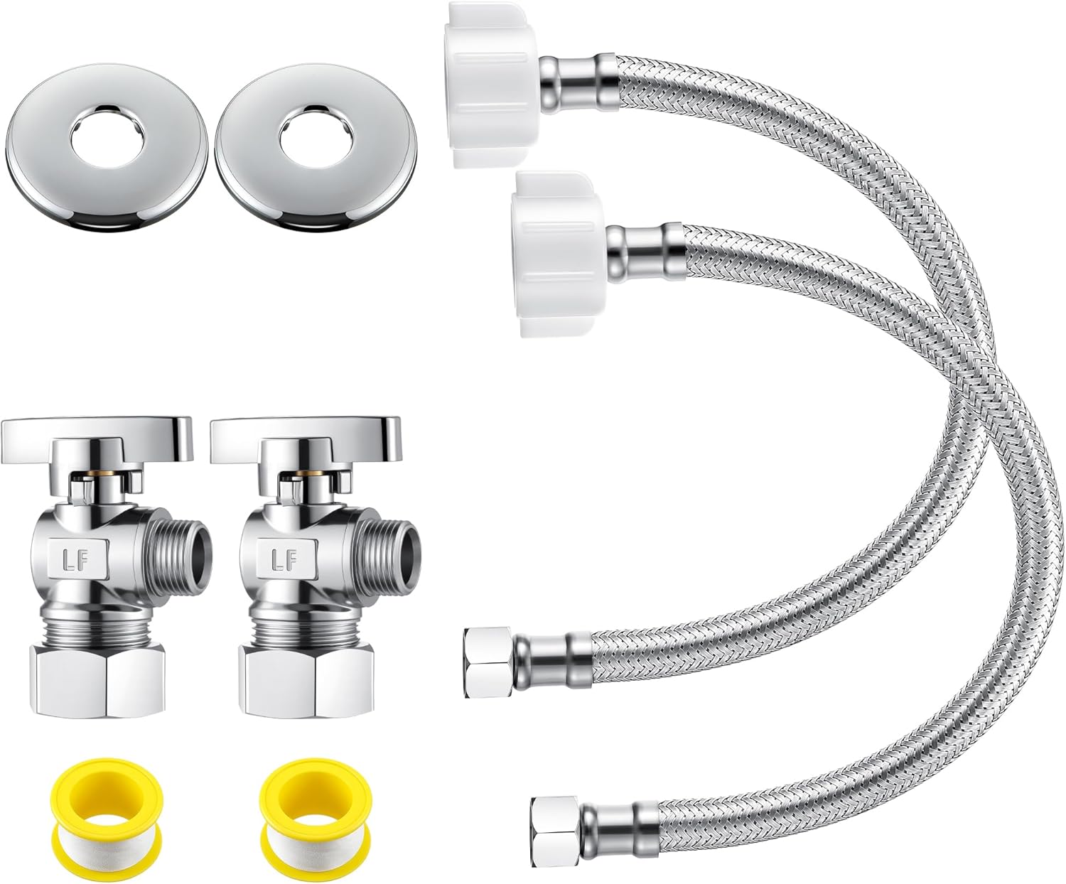 2 Pack Complete Toilet Valve Set, Includes 1/2'' Nom Inlet x 3/8'' OD Compression Outlet Angle Shut Off, 7/8" BC x 3/8" COMP Toilet Water Supply Line, Escutcheon Plate, Sealing Tape (16 Inch)