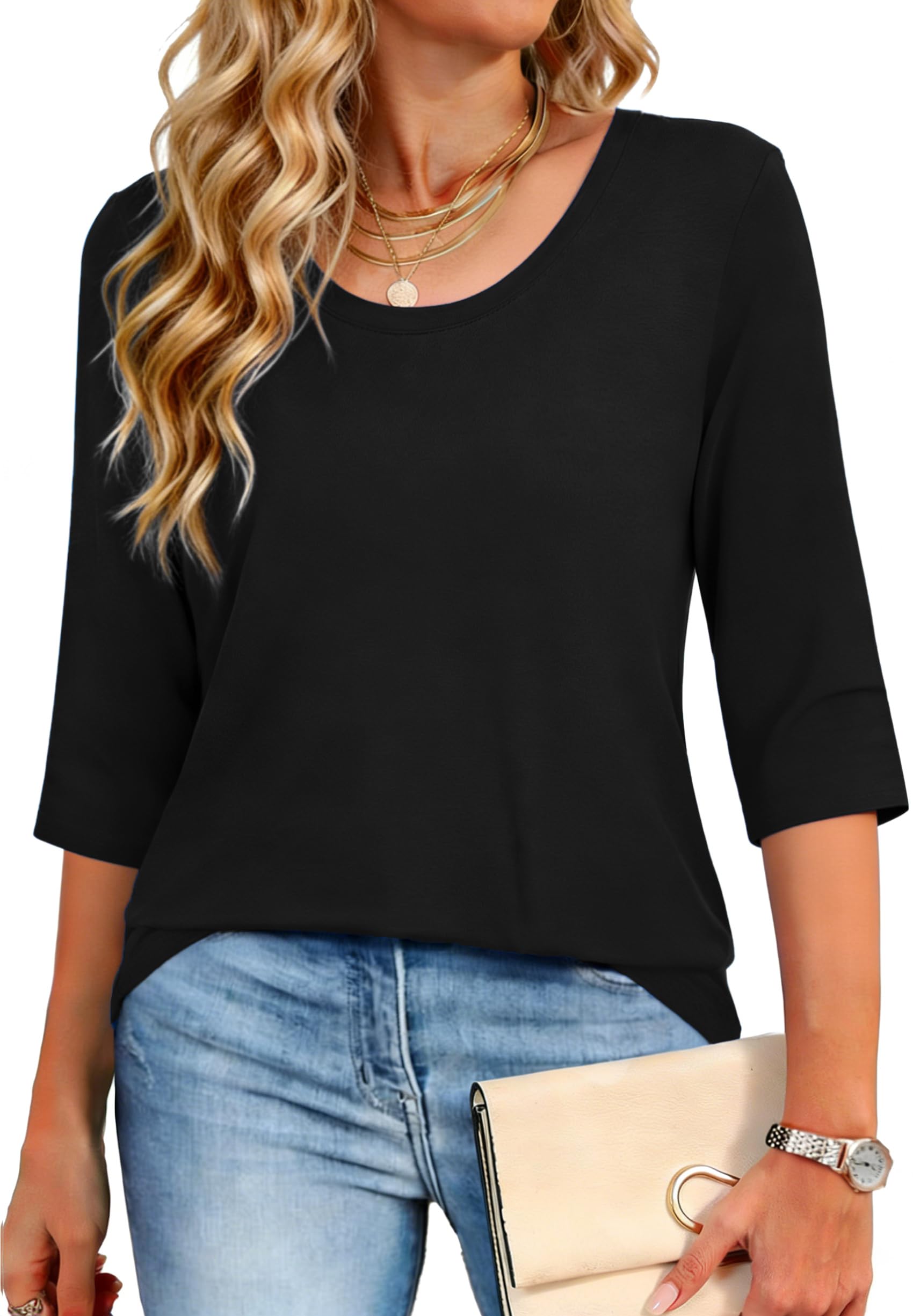 Crewhpo T Shirt Damen mit 3/4-Ärmeln Baumwolle Tunika Sommer Kurzarm Basic Tshirt Einfarbige Casual Top mit Rundhalsausschnitt Stretch Bluse Lockeres Elegant