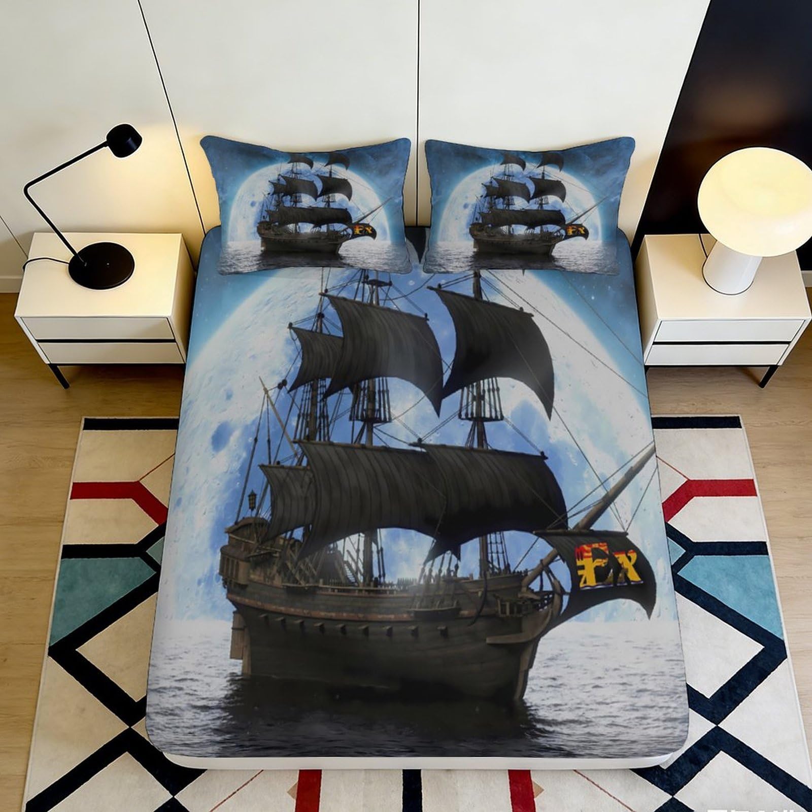 3D Printed Pirate Ship Moon Fitted Sheet Microfiber Anti-Slip Bed Cover for Bedroom Guest Room Dorm Decor 200x200x25cm