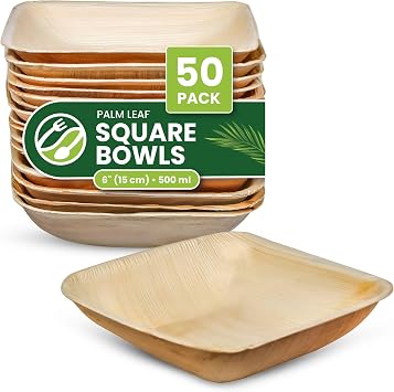 ECO Leaf Disposable Palm Leaf Bowls | Square Compostable Dinner Bowls | Eco-Friendly, Biodegradable Heavy-Duty Bowl for Wedding, Party and Picnic | Microwave & Oven Safe 50, Large 6"15cm