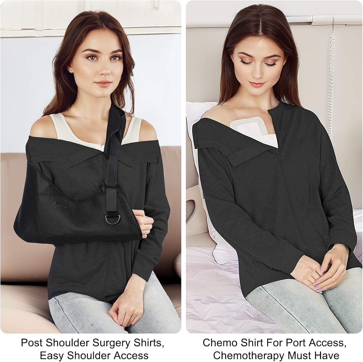 Women's Chemo Port Access & Mastectomy Recovery Shirt - Post-Surgery Top with One-Hand Shoulder Zip Long Sleeve - Image 5