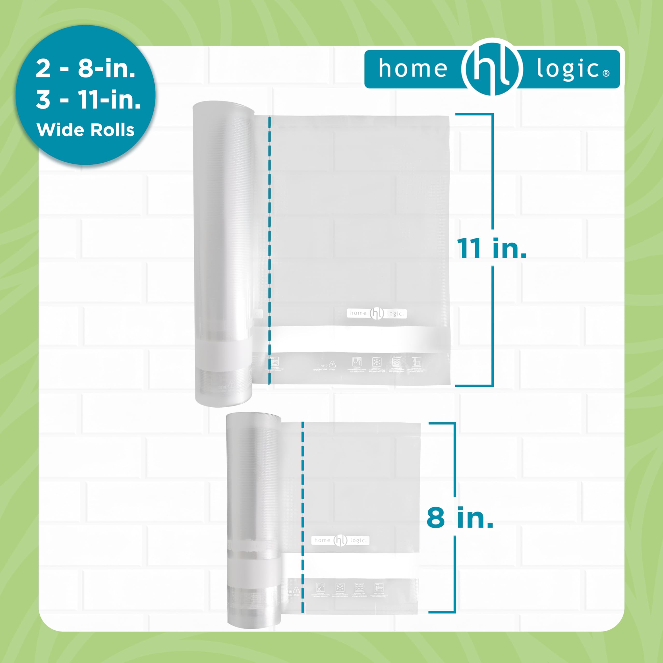 Home Logic Paquete combinado de rollos selladores al vacío, almacenamiento de alimentos seguro para congelador, microondas y Sous Vide, 3 x 11 pulgadas de ancho y 2 rollos de 8 pulgadas de ancho y 20