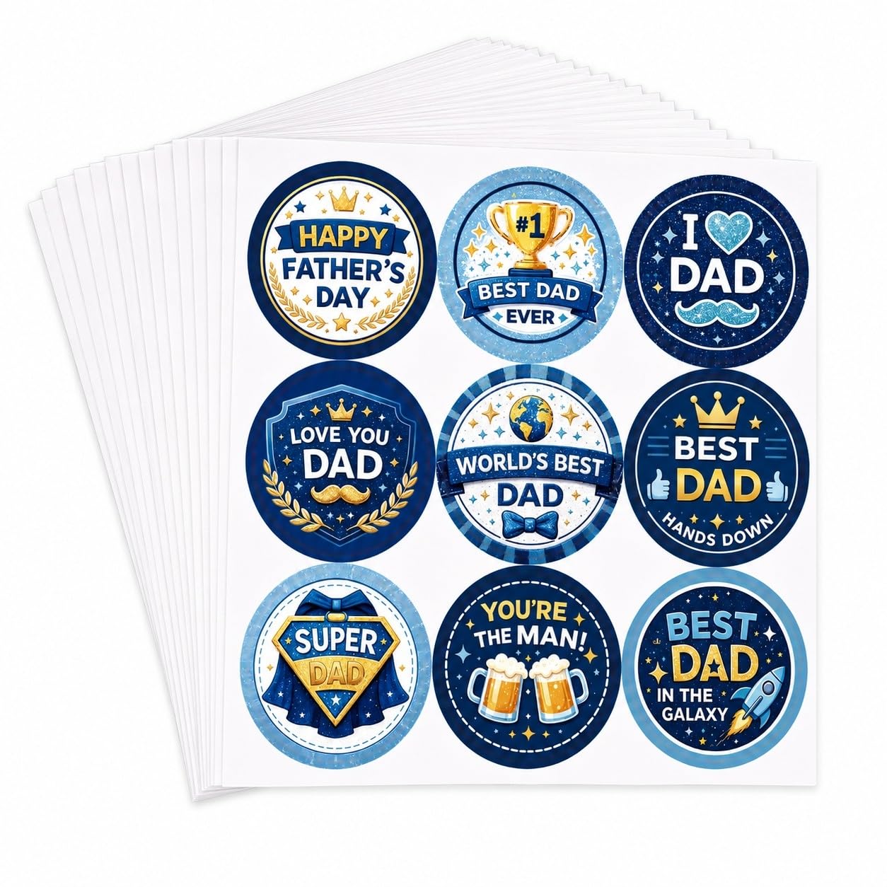 24 Pcs Happy Father's Day Stickers, Fathers Day Stickers, Blue & Gold Theme Self-Adhesive Fathers Day Sticker for DIY Crafts Card Making, Gift Tags Birthday & Dad Gifts Wrapping Decoration
