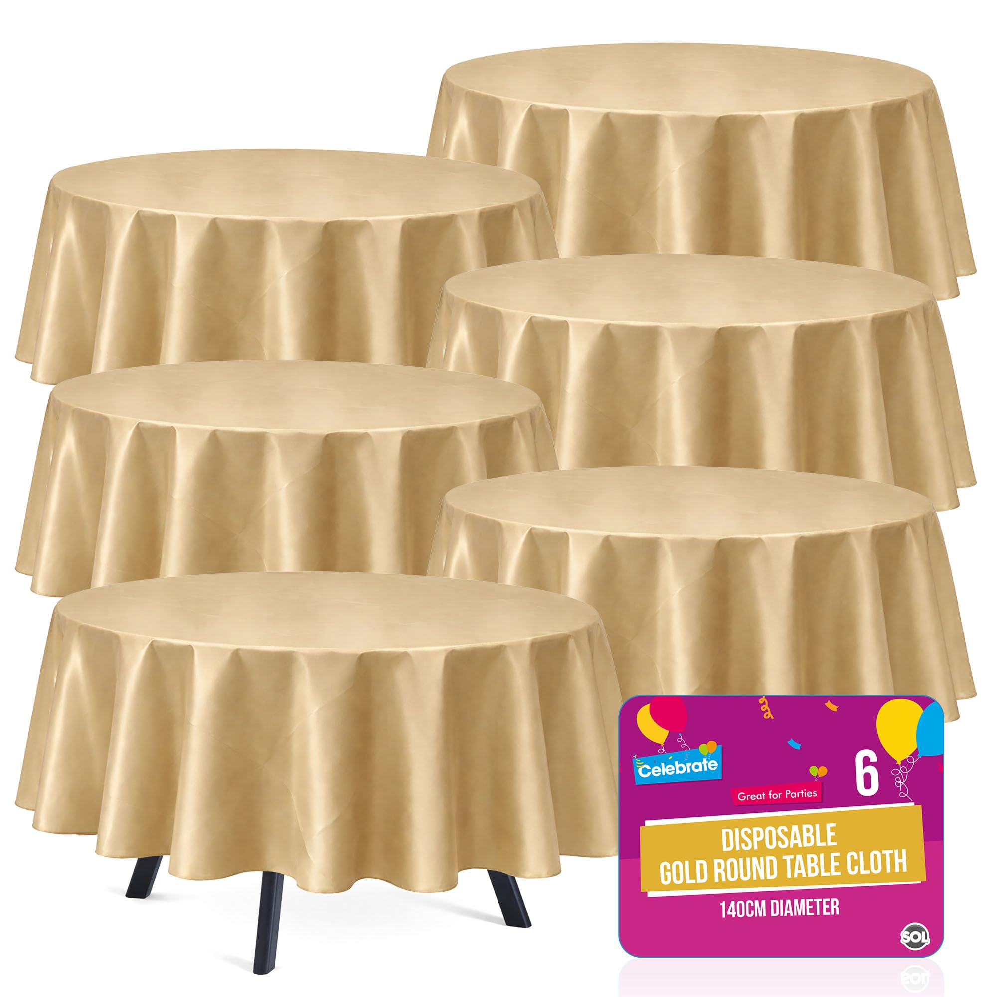 Sol Gold 6Pk Round Tablecloths 140Cm Party Disposable Tablecloths For Circular Table Cloth Cover - Durable Spill Protection - Perfect For Birthdays, Weddings, Anniversaries, Restaurants Special Events
