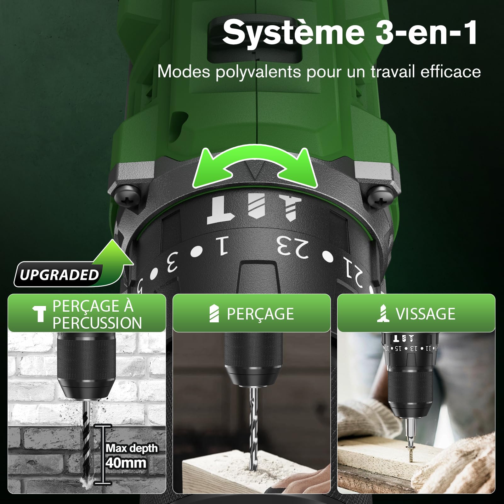 Ginour Brushless Perceuse-Visseuse à Percussion sans fil 50Nm, 21V Visseuse Devisseuse avec 2 Batteries 2Ah, 800W Moteur sans Balai, 47 Accessoires & coffret, 23+3 Couple, 2 Vitesses,10mm Mandrin LED