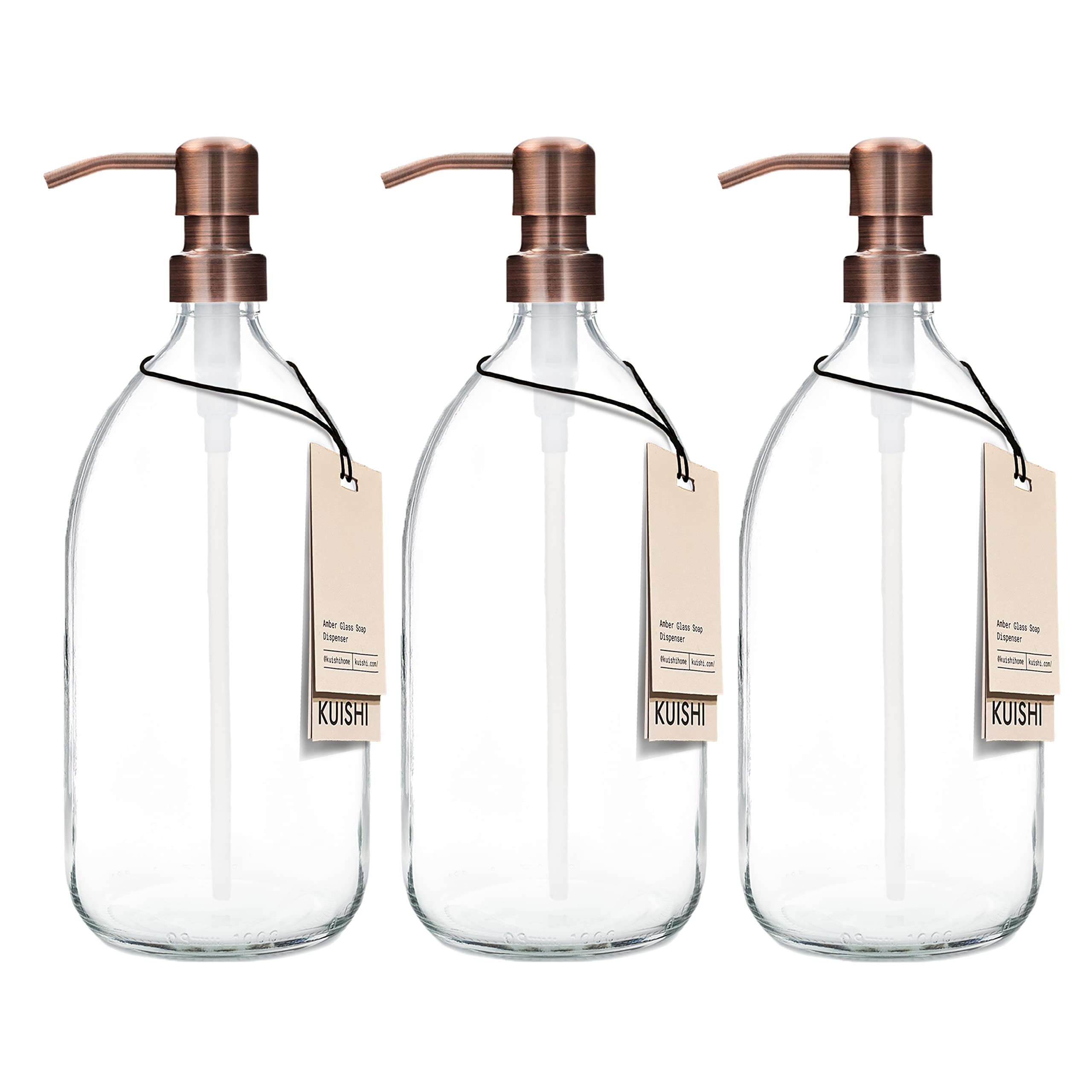 Kuishi Tres Bombas de Vidrio Transparente Botella de 1000 ml con Bomba de Bronce de Acero Inoxidable, dispensador de jabón Recargable ecológico, decoración de baño Elegante