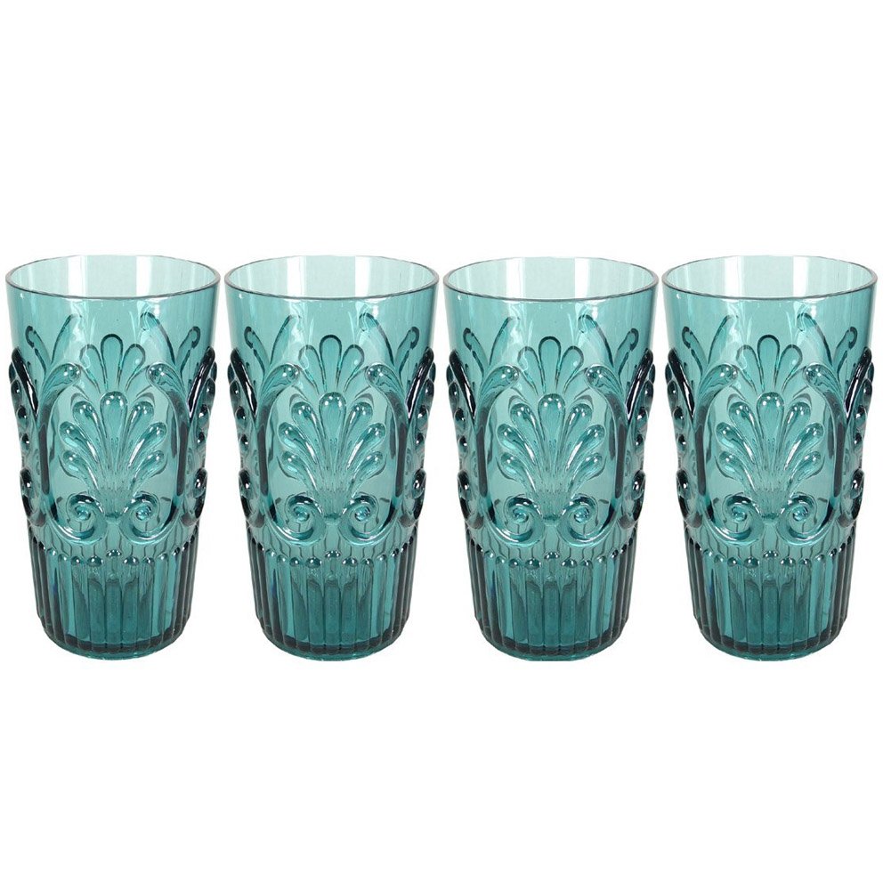 Le Cadeaux Fleur Teal Blue 4 Piece Highball Glasses Set