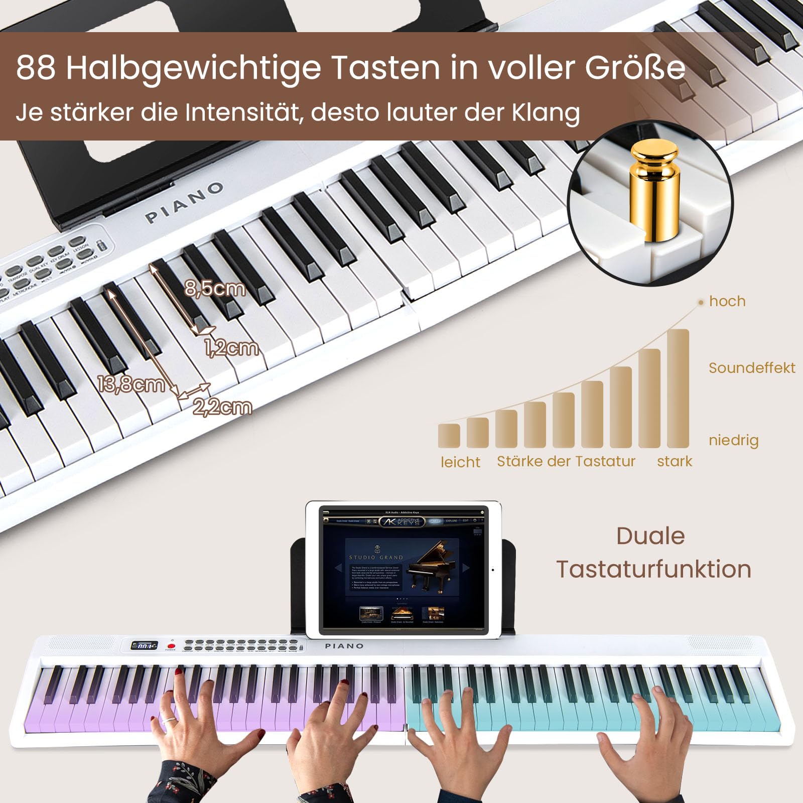 COSTWAY Keyboard Piano 88 toetsen, digitale piano met MIDI, sustain pedaal, muziekstandaard en draagtas, draagbare elektrische piano voor beginners, kinderen, volwassenen (wit