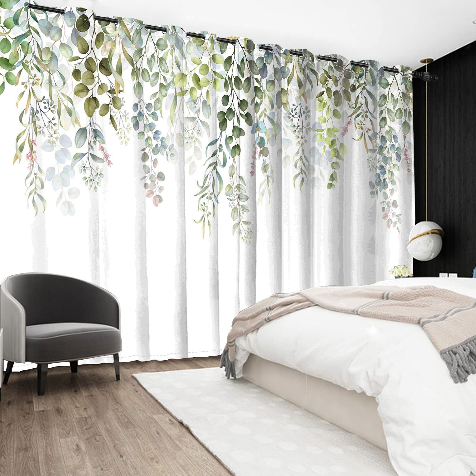 oolygoo - Tende per finestre con foglie di eucalipto e fiori ad acquerello, fantasie di piante e fiori selvatici, per camera da letto, soggiorno, 2 pannelli, verde salvia, 107 x 160 cm