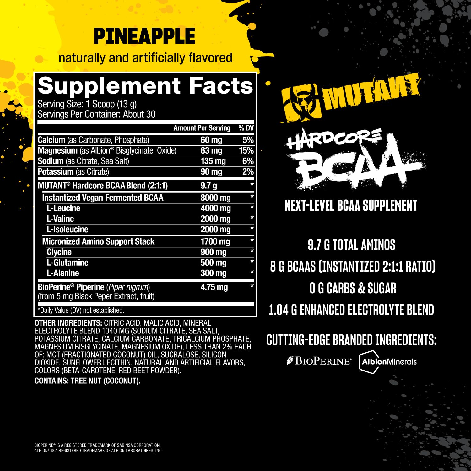 Mutant Hardcore BCAA - Pre, Intra or Post Workout – BCAA Next Level branched-Chain Amino Acids Supplement – Hydration + Recovery - 30 Serving - Pineapple