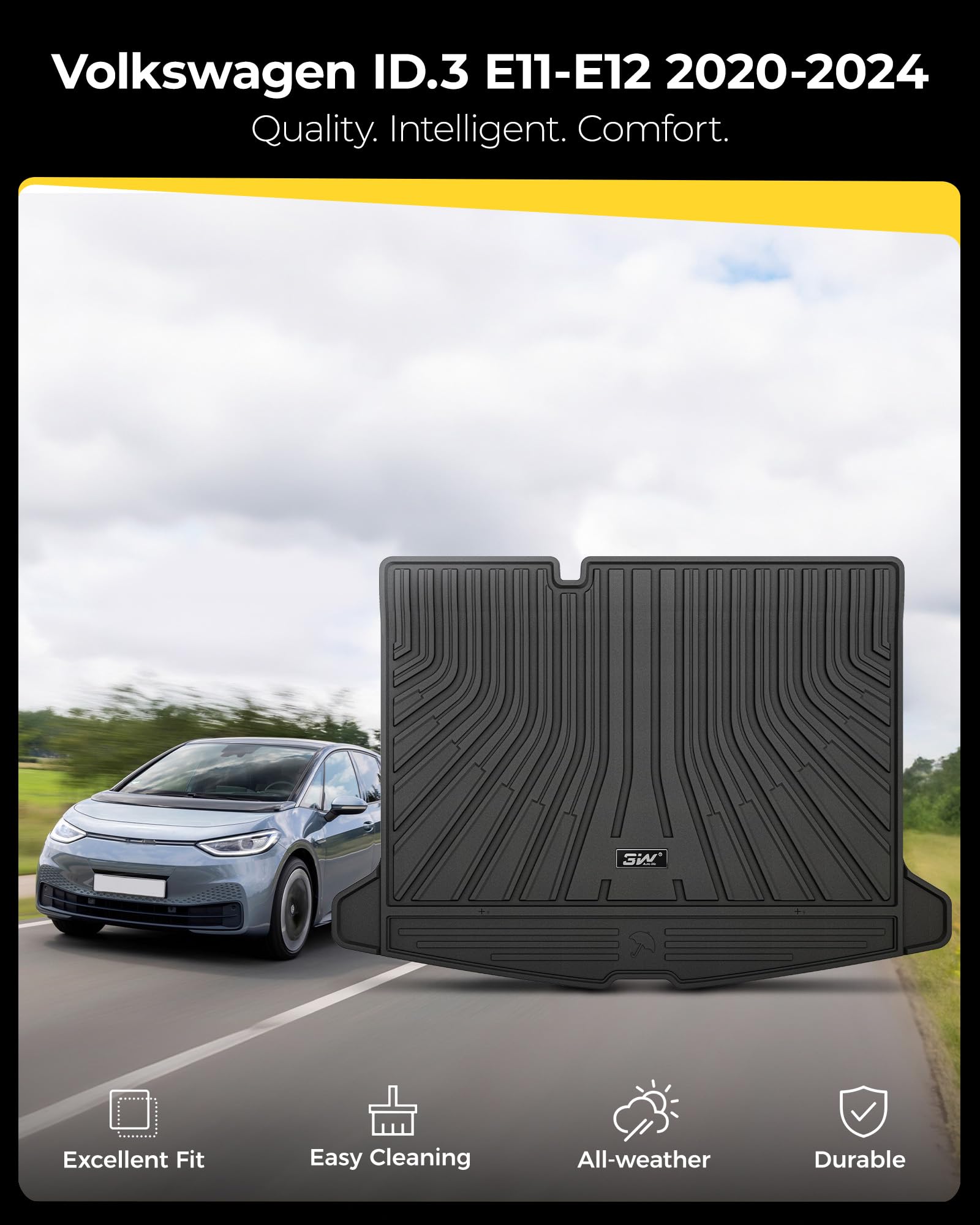 3W Mata do bagażnika pasuje do Volkswagen ID.3 E11-E12 2020-2024, przyjazne dla psów maty do bagażnika TPE na każdą pogodę, niestandardowe dopasowanie ID.3, wodoodporne, antypoślizgowe maty