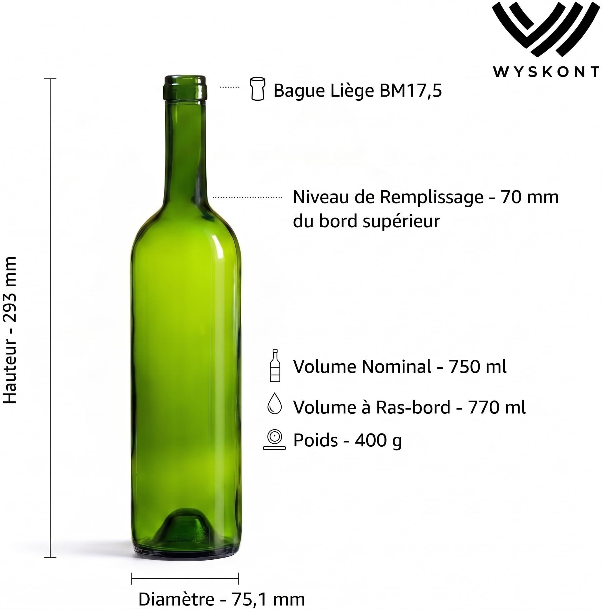 Bouteille 750ml Bordeaux 24 pièces - Bouteilles de vin vide pour brasserie à la maison - Boîte de rangement pour boissons - Décoration de service - En verre vert