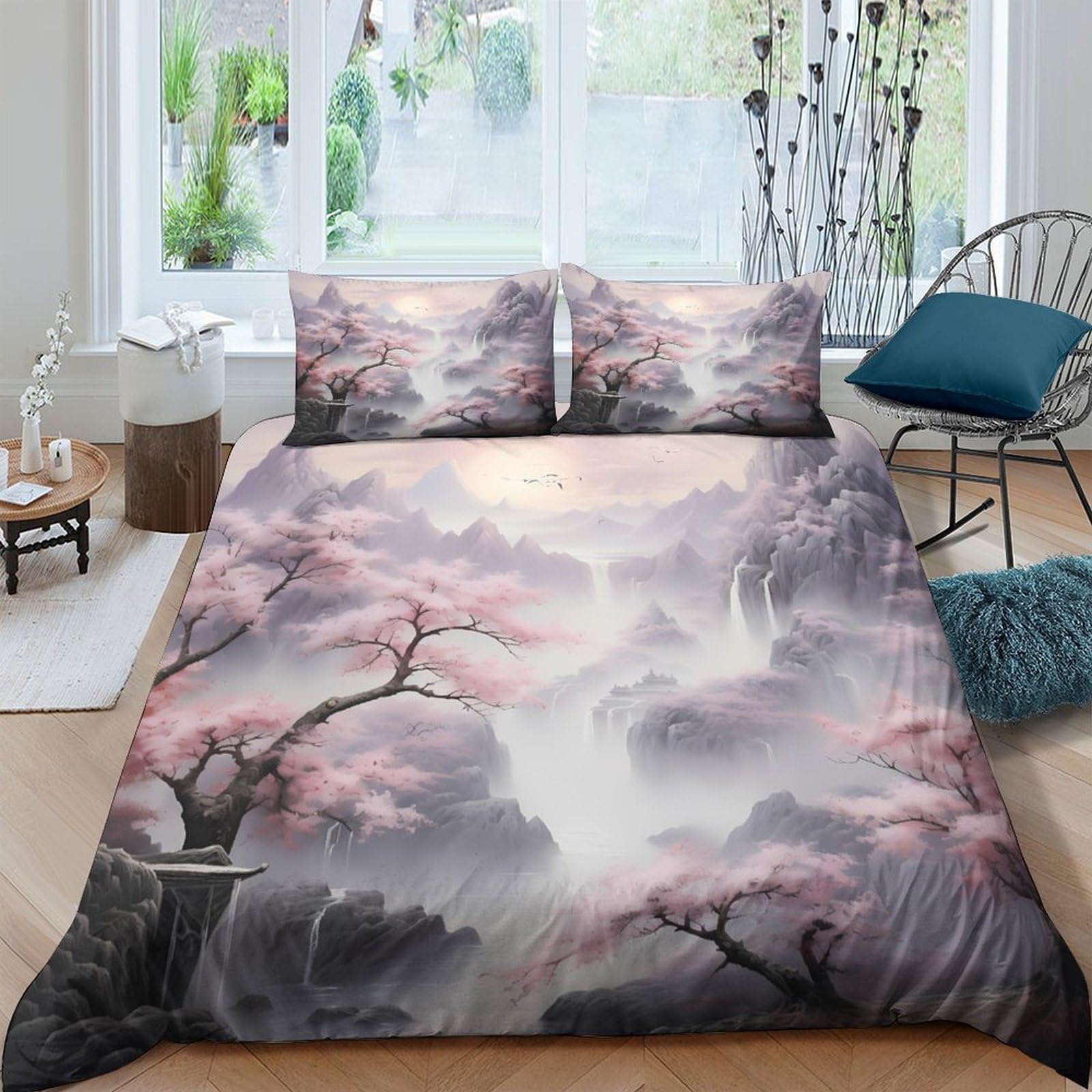 Ctjqhvkz Style-2 3D Printed Sakura Mist Fitted Sheet Microfiber Soft Breathable Cherry Blossom Bed Cover For Bedroom Decor Single（135X200cm）