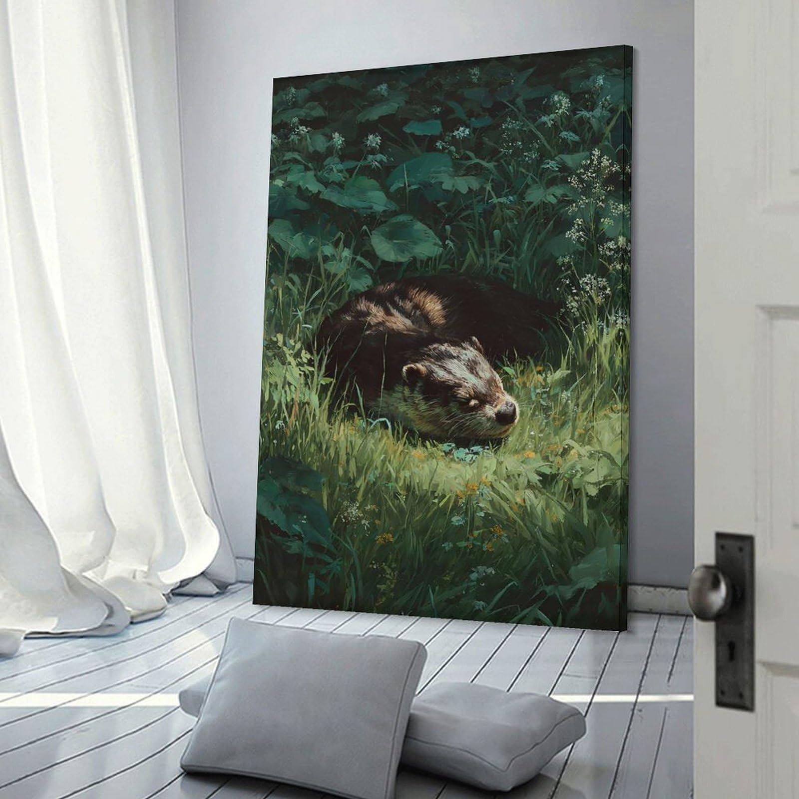 Junmoney Otter Sleeping in Lush Green Grass Canvas Art Print, 16x24inch(40x60cm), for Bedroom Decor, Cosy Corners Or Studios, A Warm Accent for Relaxed Interiors