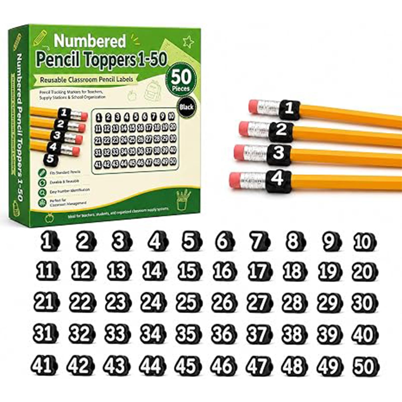 20/30/50 Pcs Numbered Pencil Toppers, Reusable Classroom Pencil Labels for Supply Tracking Station & Organization, Classroom Management Must Haves for Teachers (Black, Number 1-50) โ image 1