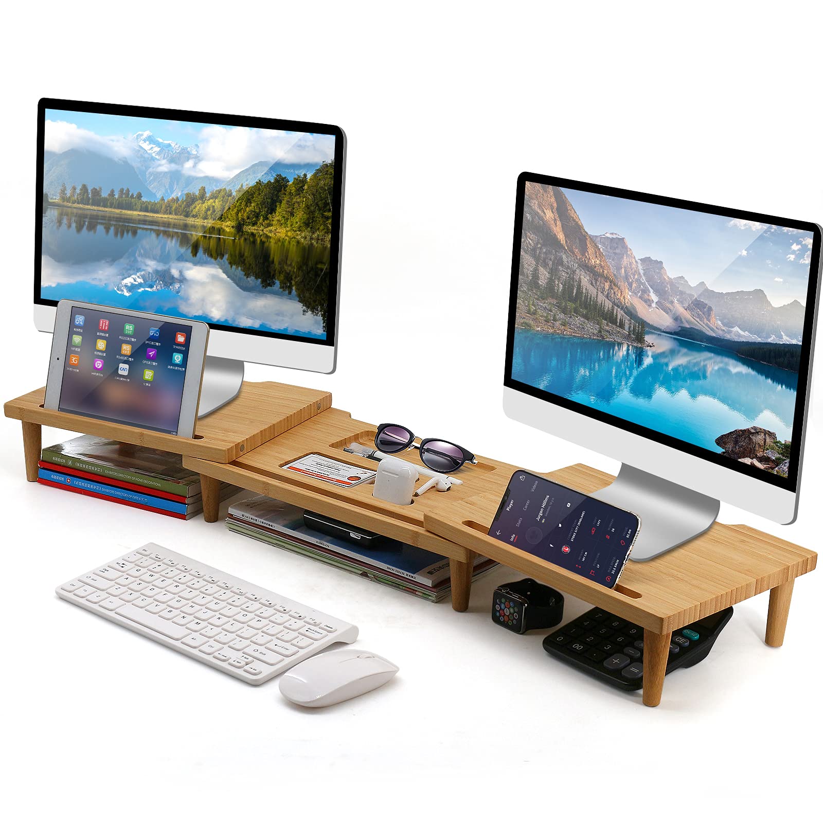 BEEBO BEABO Bamboo Dual Monitor Stand Riser Desk Organizer, Adjustable Length and Angle, Multifunctional Storage Stand for Computer, Laptop, TV with Slot for Tablet, Phone, Earbuds, Pen
