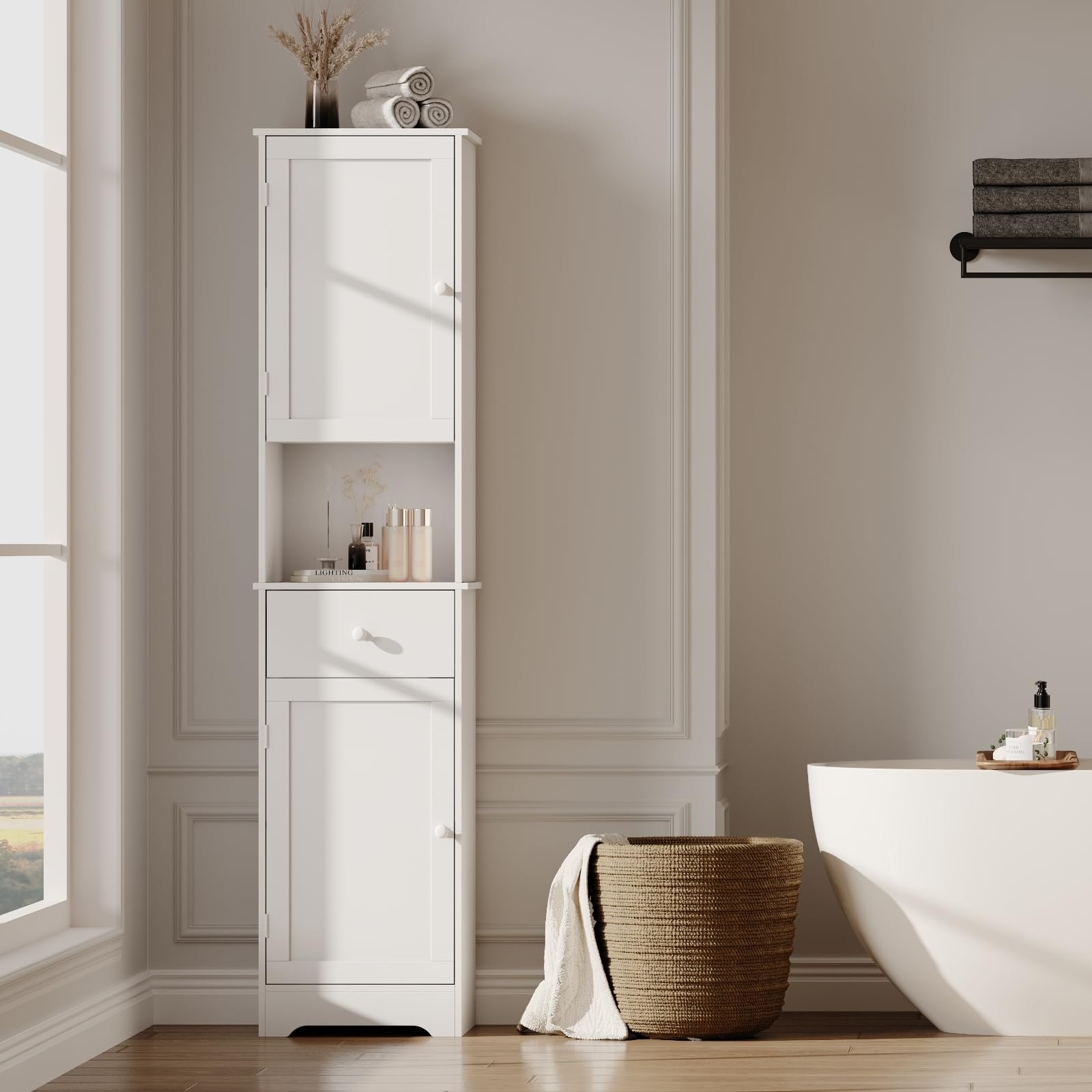 Tall Bathroom Cabinet?Storage Cabinet with 2 Doors & 2 Drawer?Storage Cabinet with Ajustable Shelve?for Bathrooms, Kitchens, Entrances, Bedrooms ?White?