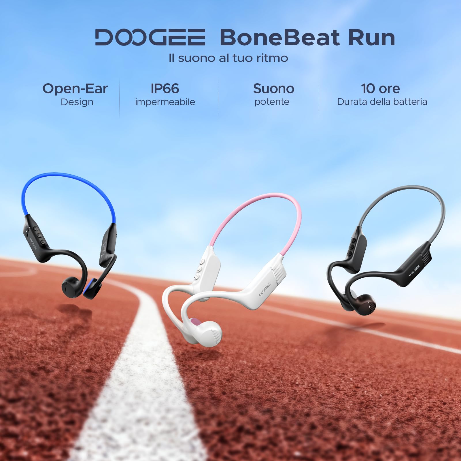 Bone Beat Run Cuffie Conduzione Ossea, Auricolari Sport Bluetooth Impermeabili IP66 Senza Tappi, 10h Autonomia Ricarica Rapida Doppia EQ Orecchie Aperte per Corsa Ciclismo Palestra - Blu