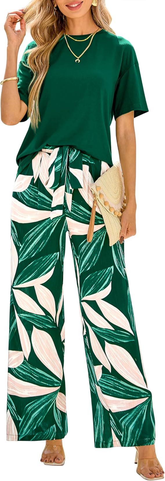 Womens Top Floral Print Belted Wide Leg Pant
