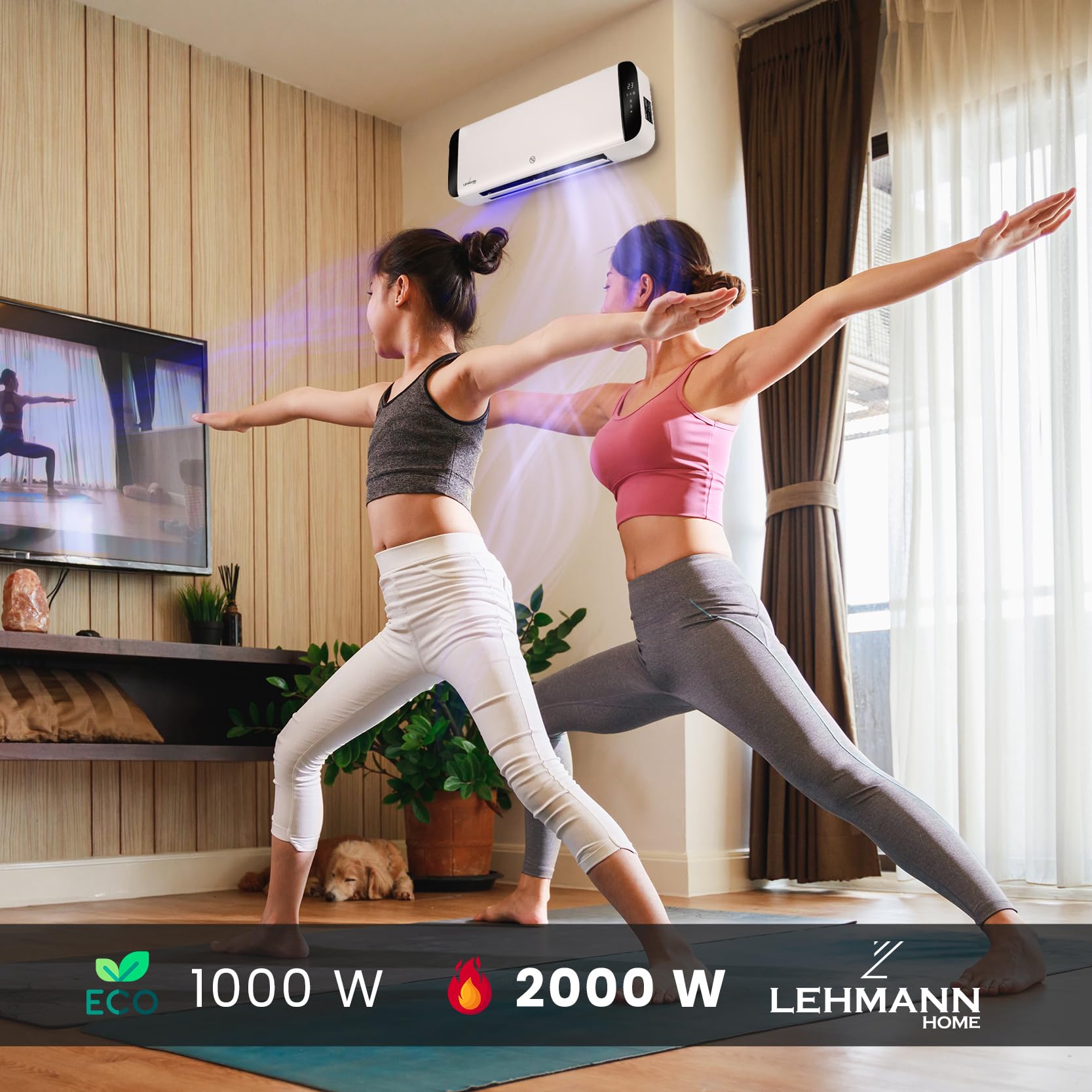 Lehmann LHOHH-2013A Chauffage mural avec 2 niveaux de puissance 1000/2000 W | Mural avec Wi-Fi, télécommande, affichage LED | Chauffage de salle de bain avec minuterie et oscillation (Blanc)