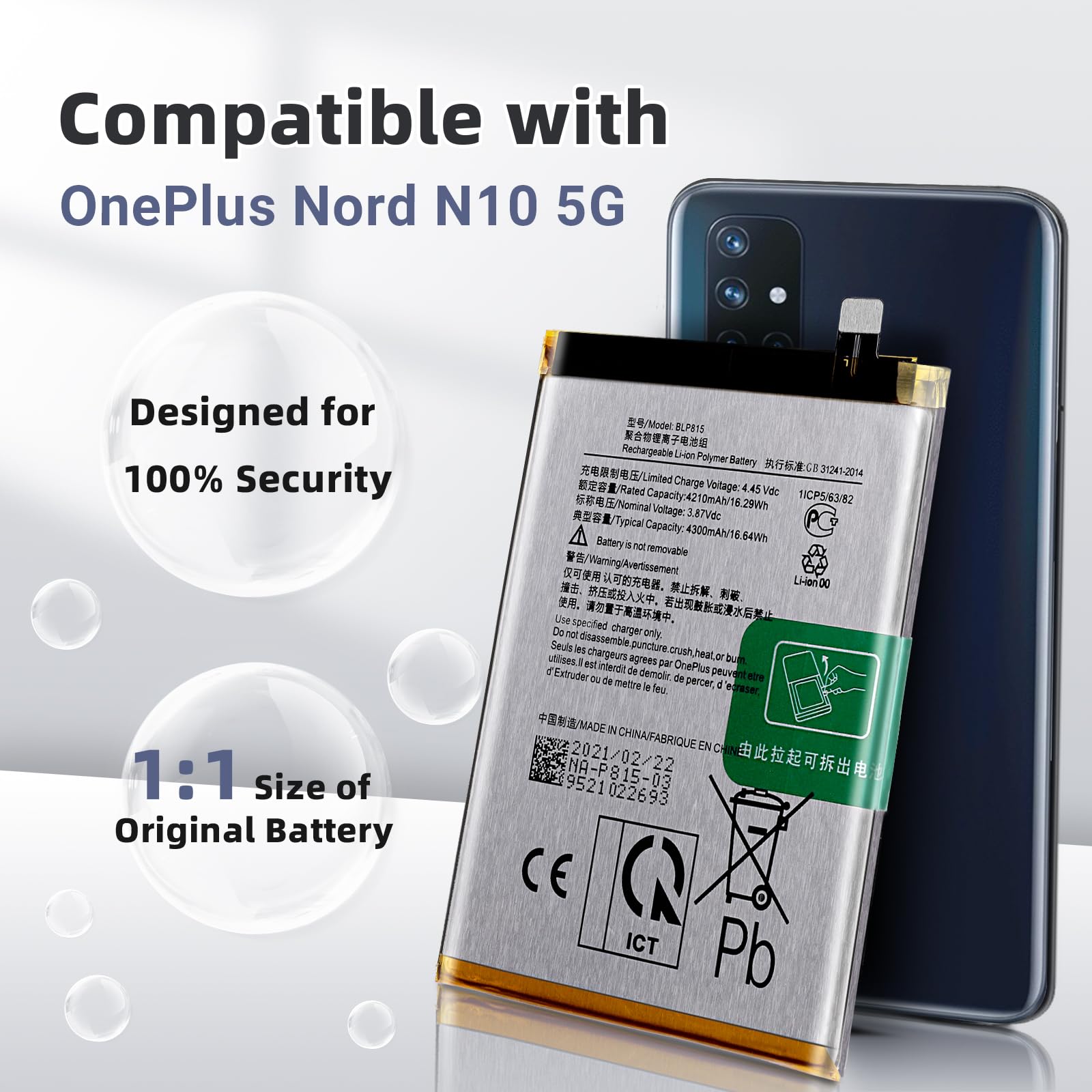 Vvsialeek BLP815 Replacement Battery Compatible with OnePlus Nord N10 5G BE2029 with Toolkit