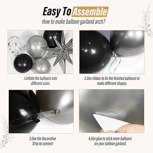 Miniatura 3 de FOTIOMRG Kit de arco de guirnalda de globos negros y plateados con 3 globos Starburst, globos metálicos plateados y negros para cumpleaños,