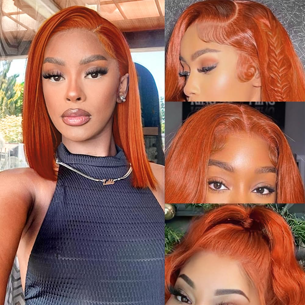 Brazilian Virgin Ginger Straight Bob Wig Straight Human Hair 13X4 Lace Front Wigs Pre Plucked Bleached Knots Straight HD Lace Front Wig 350# Color (350 bob wig