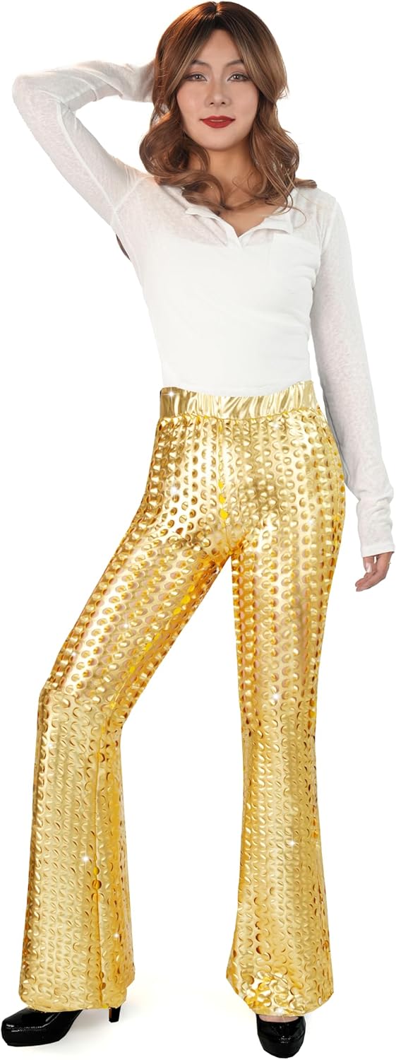 Nawgut Sequin Flare Pants Sparkly Glitter Bell Bottom High Waisted Hollow Trousers Party Clubwear for Women - Image 3