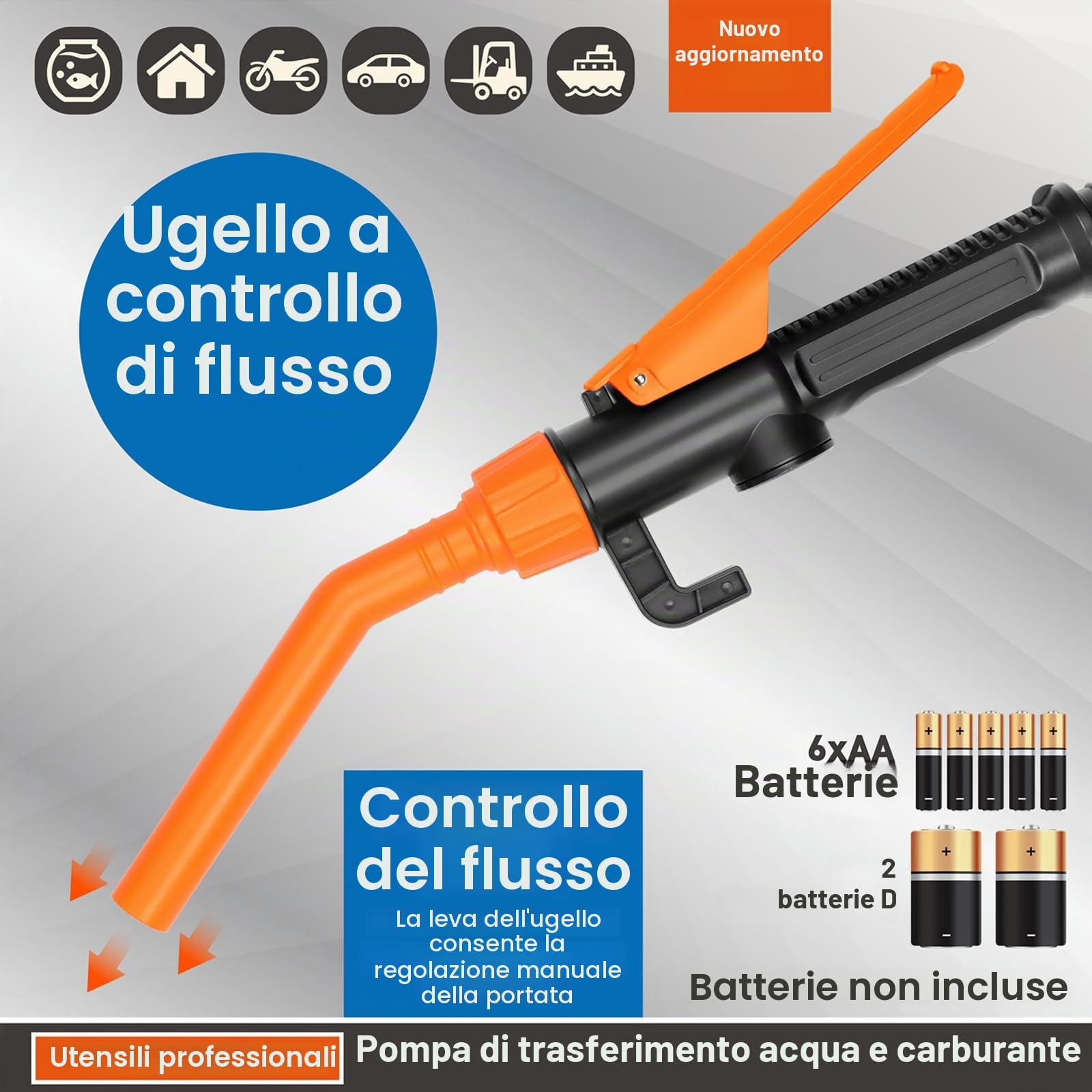 Pompa di trasferimento del carburante alimentata a batteria, pompe a batteria con ugello di arresto rapido per benzina, diesel, olio, gas, acqua, acquario