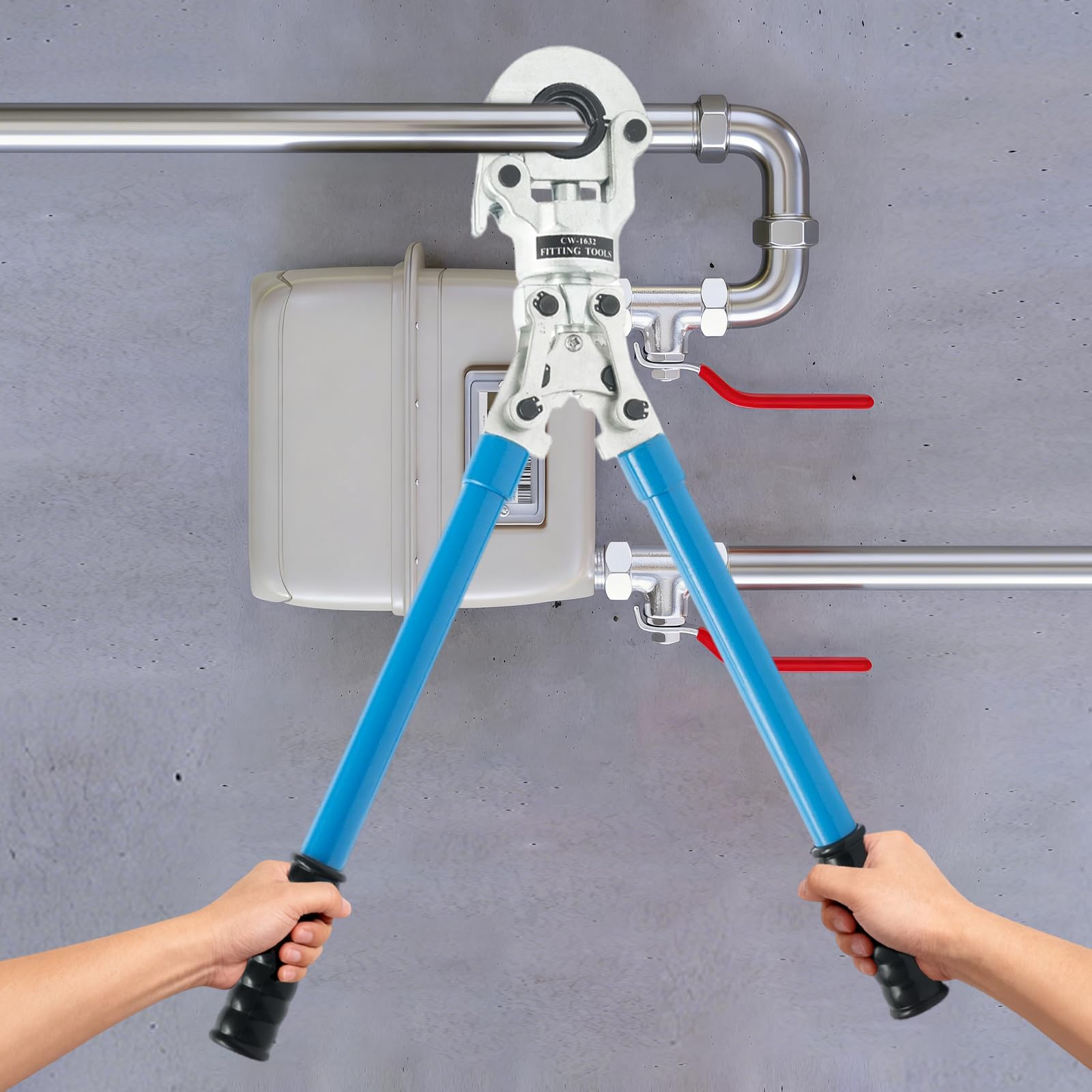 Pinza meccanica, 6 tonnellate, set da 9 pezzi, con 9 ganasce a pressione, testa girevole a 360°, manico telescopico per tubo in rame, tubo composito PEX, tubo in alluminio, set di valigetta degli