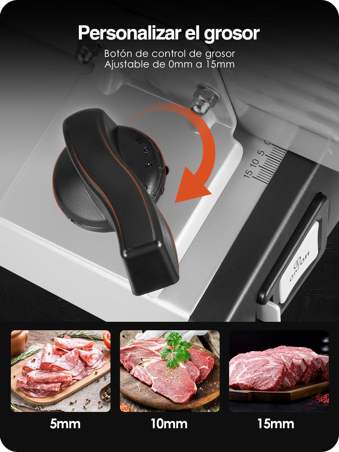 YASHE Cortadora De Fiambre, 150W Cortafiambres Para Carne Y Pan Con Cuchilla De Acero Inoxidable Removible 19cm, Grosor Ajustable 0–15mm, Bloqueo De Seguridad, Patas Ventosa Para Carne, Queso Y Pan