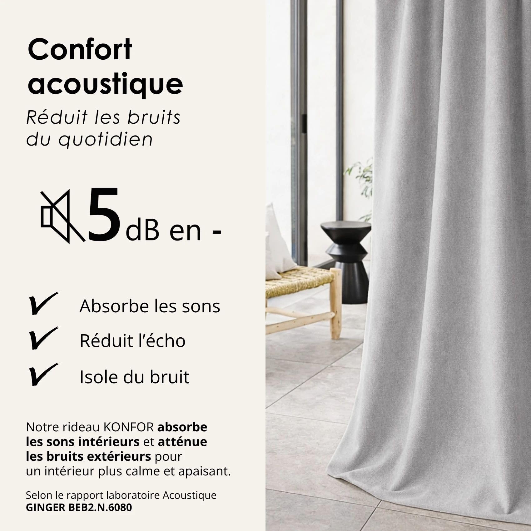 Rideau Thermique Phonique KONFOR - Flanelle Polyester - Occultant Isolant Froid et Bruit - Chambre Salon Bureau - 8 Oeillets - 250 x 260 cm - Gris Perle