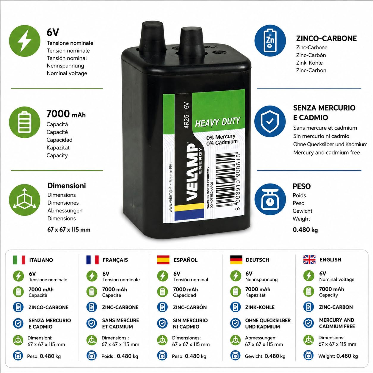 Velamp Bateria kwadratowa 4R25 cynkowy węgiel, 6 V. do latarek, latarek, latarek ulicznych, DIY, hiperodporny korpus ABS, 6 V