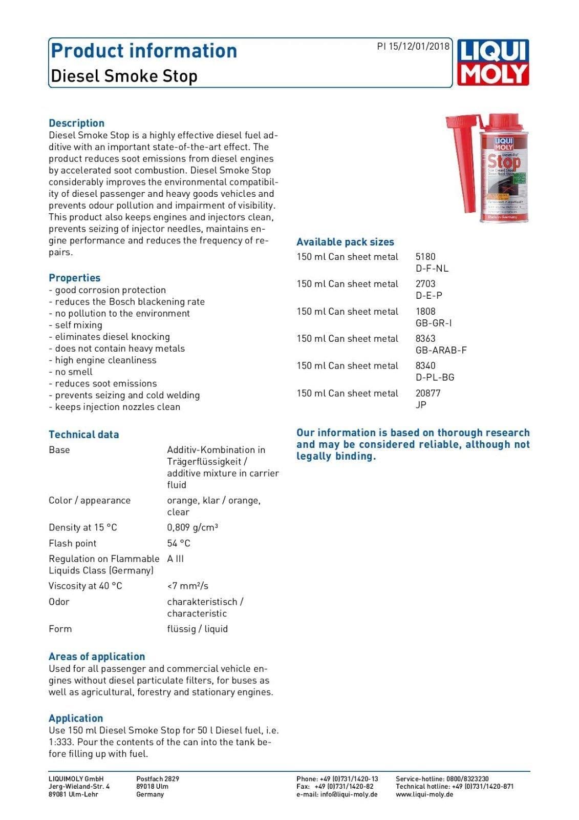 WOL-Detección de humo diésel LiquiMoly, 150 ml, fabricado en Alemania en 2703 (1)