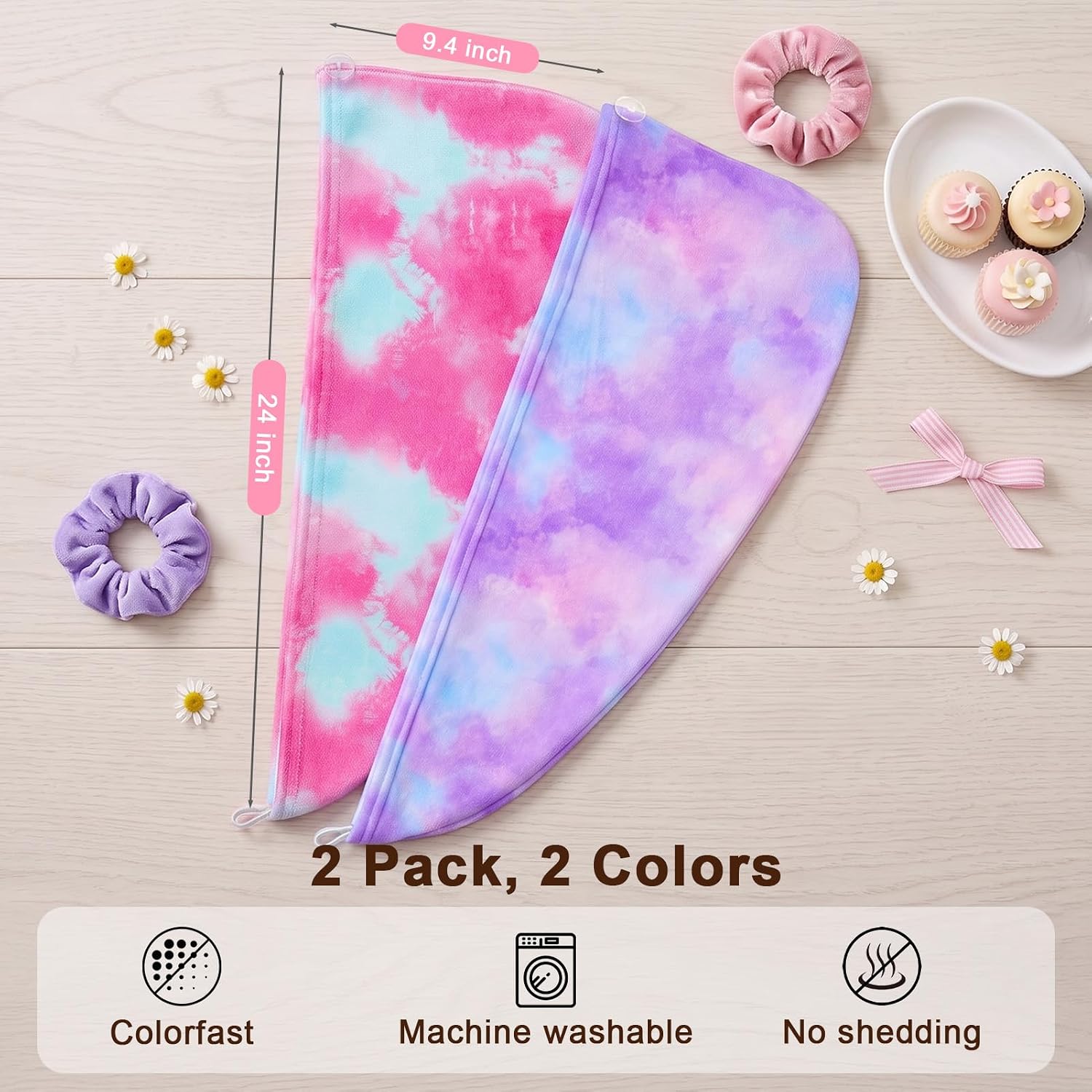 Kids Microfiber Hair Towel Wrap 2Pack Absorbent Hair Drying Turban for Girl | quick dry microfiber, elastic loop and button, gentle for curly thick hair, 2 pack set, Cute pattern print