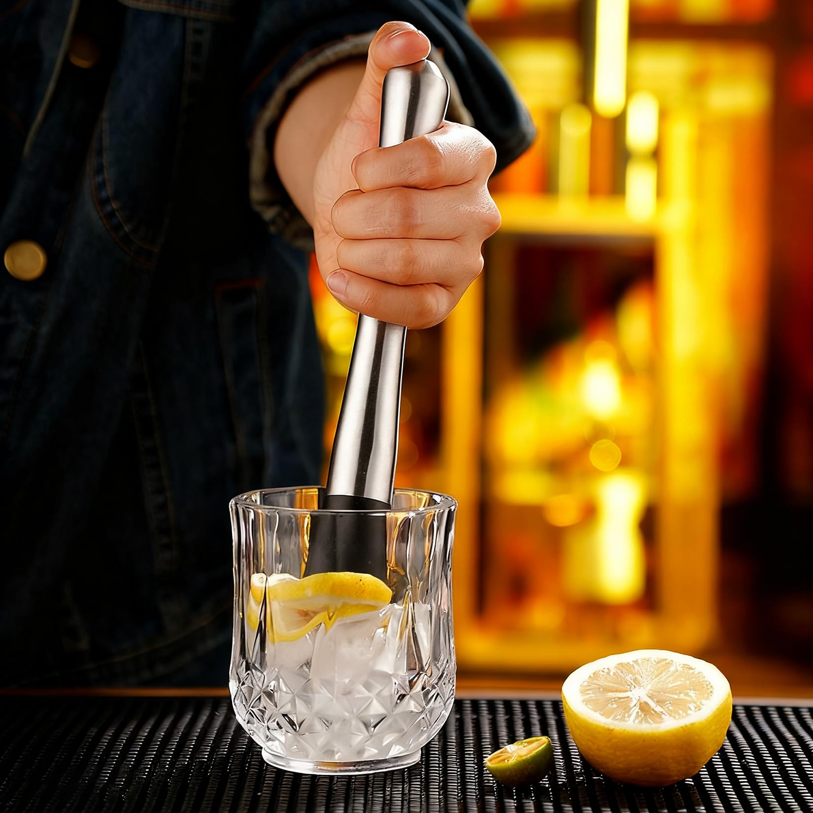 Lote de 2 morteros para cócteles con cuchara de bar, triturador de hielo de acero inoxidable y prensa para mojito – Herramientas de bartending para caipirinha, bebidas y accesorios de bar, accesorios