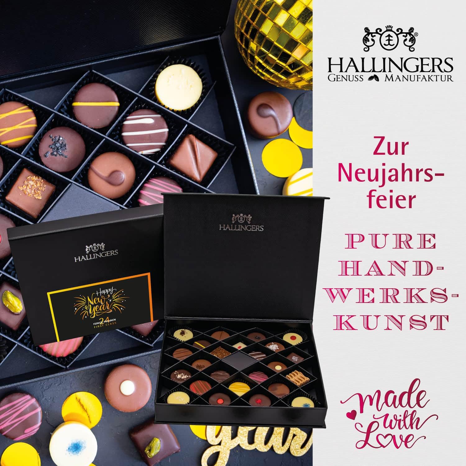 Hallingers Genuss Manufaktur Feinkost Weihnachts-Geschenk-Set - XXL-Geschenkkorb "Happy New Year" große Selektion Sekt, Konfitüre, Duftkerze, Nougat, Schoki, Pralinen & mehr, Weihnachten für Frauen