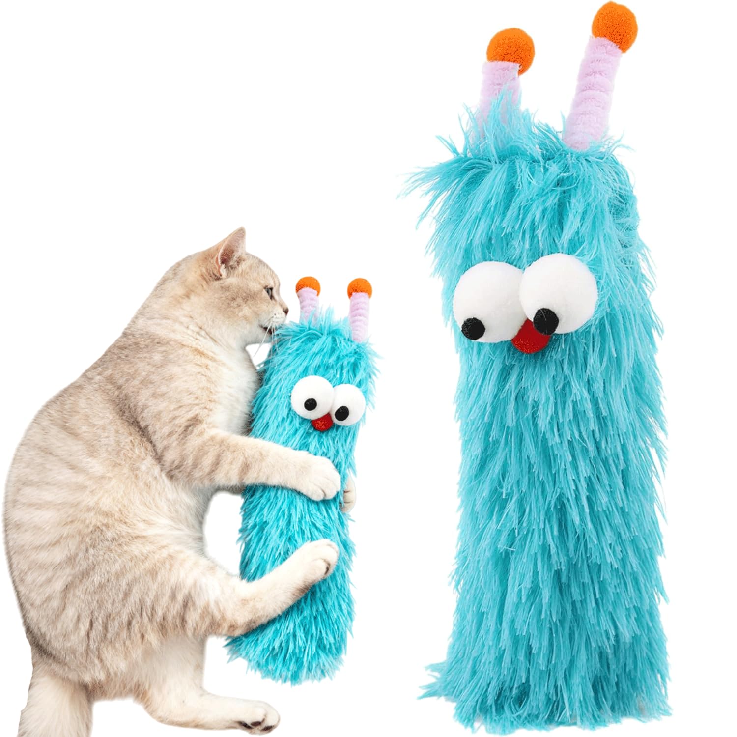 Speedy Panther Catnip Cat Toys for Indoor Cats, Cat Chew Toys for Teeth Cleaning, Bite-Resistant Plush Monster Kitten Toys, Interactive Pillow, Blue Furry Design with Googly Eyes