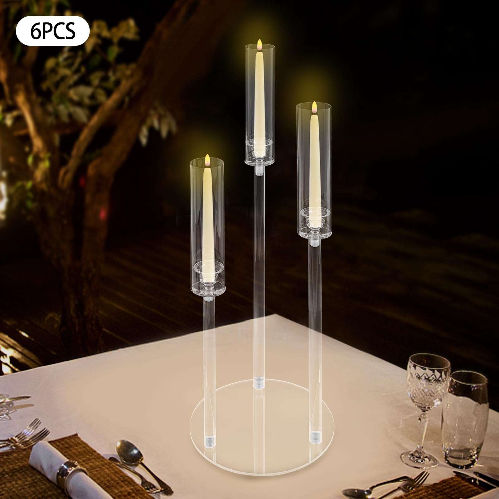 Bokknppo 12pcs 3 Arm Acrylic Candelabra Centerpieces for Wedding Table Decorations Clear Candle Holder with Shade Candlesticks for Party Easter Fireplace Decor Fit 0.87