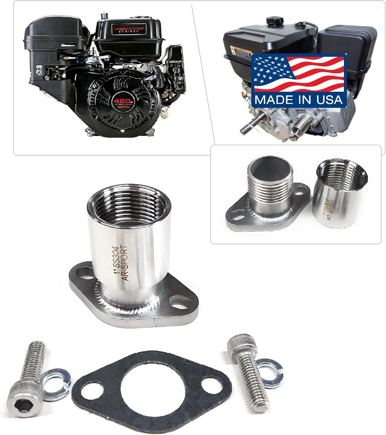 ARSPORT Exhaust Adaptor Male & Female 1" Flange for: Predator 420cc & 301cc, Hond GX 240, 270, 390