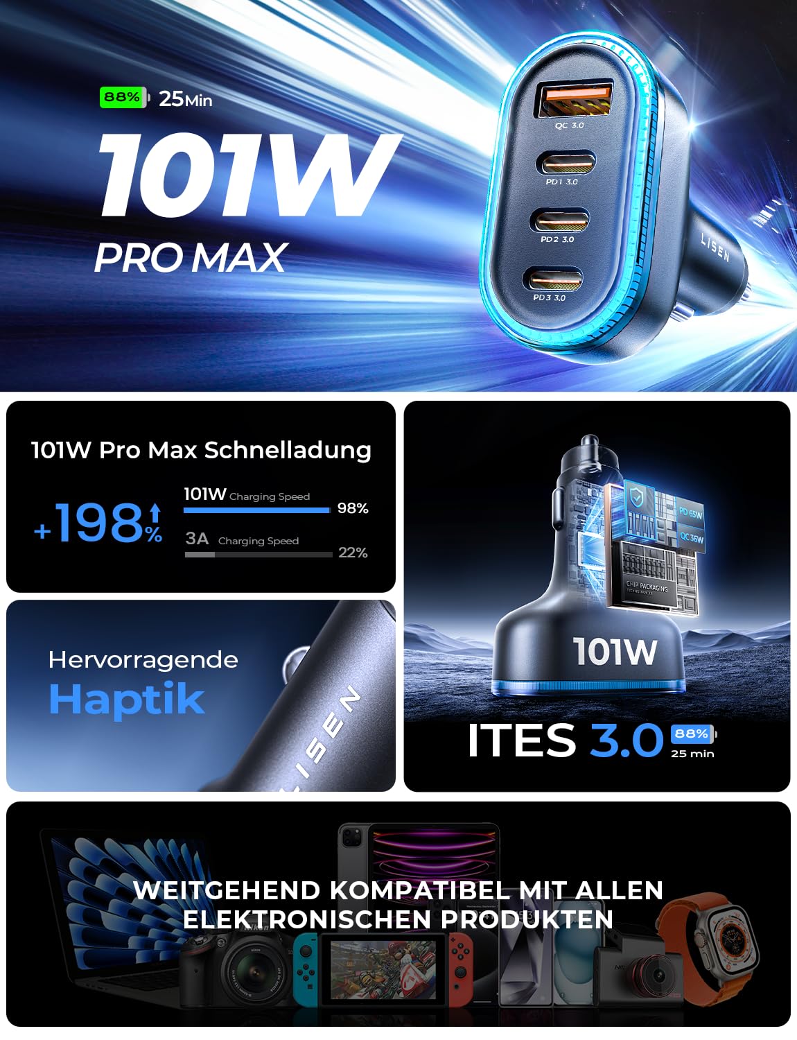 LISEN 96W Auto-Ladegerät Mit USB-C & Einziehbarem Kabel - 4-fach Ladung Mit Spannungsanzeige