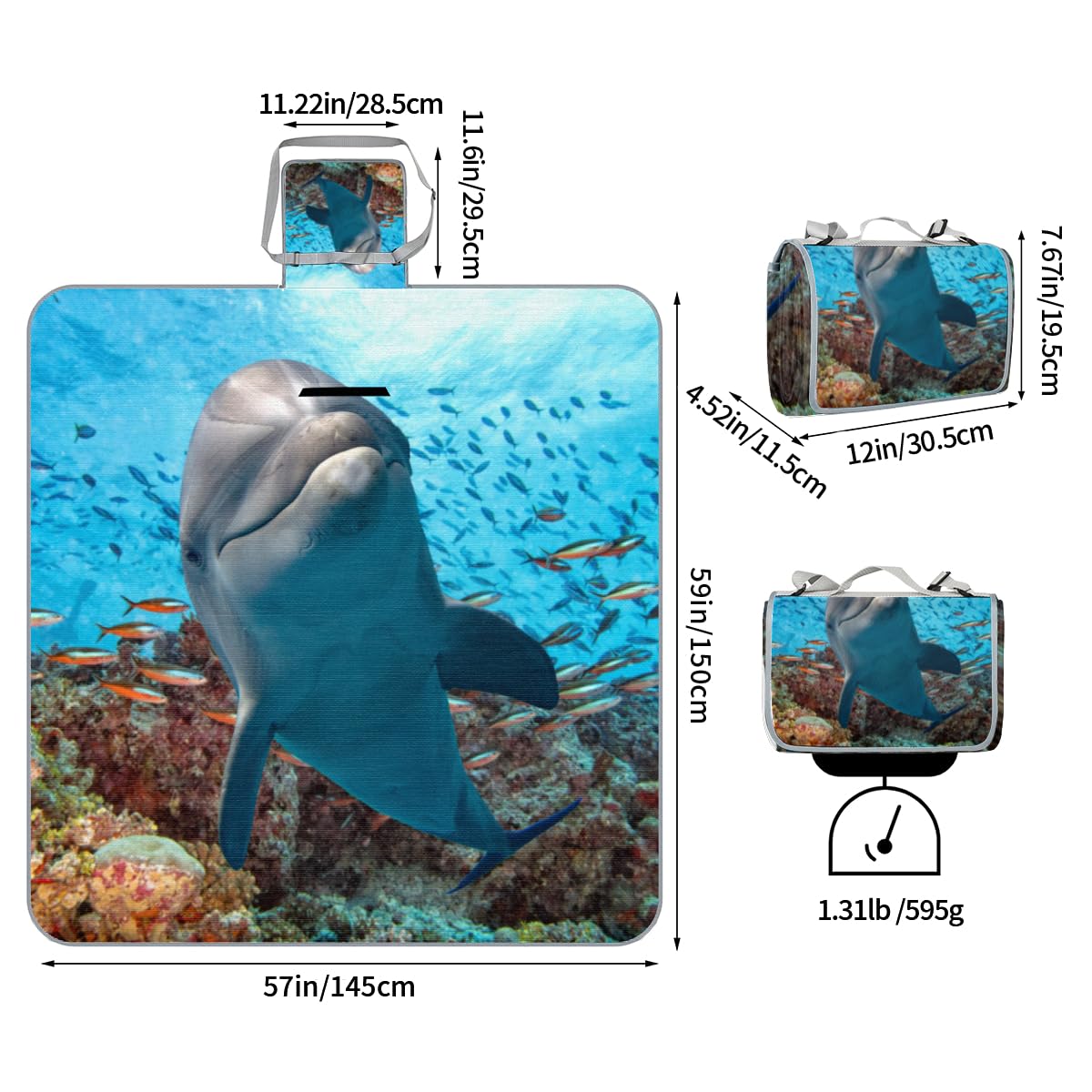 Shimoshe Picnic Blankets 57”x 59”, Dolphin Underwater Waterproof Sandproof Picnic Mat Lightweight Foldable Beach Blanket for Camping Park Grass Beach Outdoor Blanket